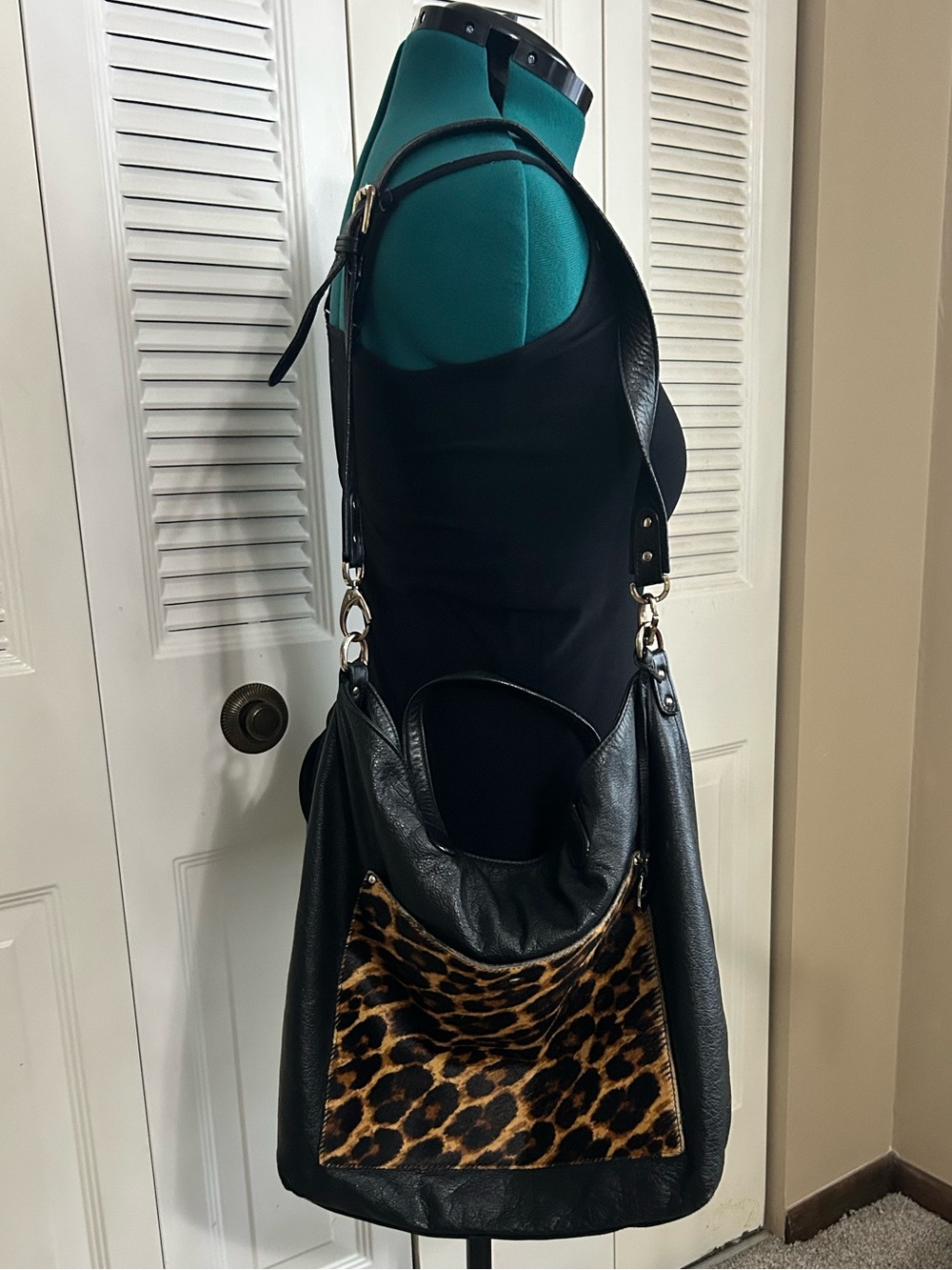 Pulicati Black Tote with Leopard Front Pocket